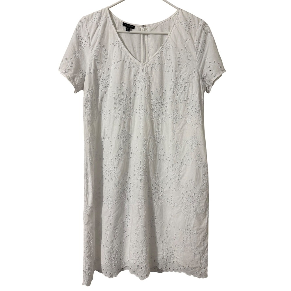 Talbots Petites White Cotton Eyelet Lace V-Neck Shift Dress‎ Scalloped Hem 12P